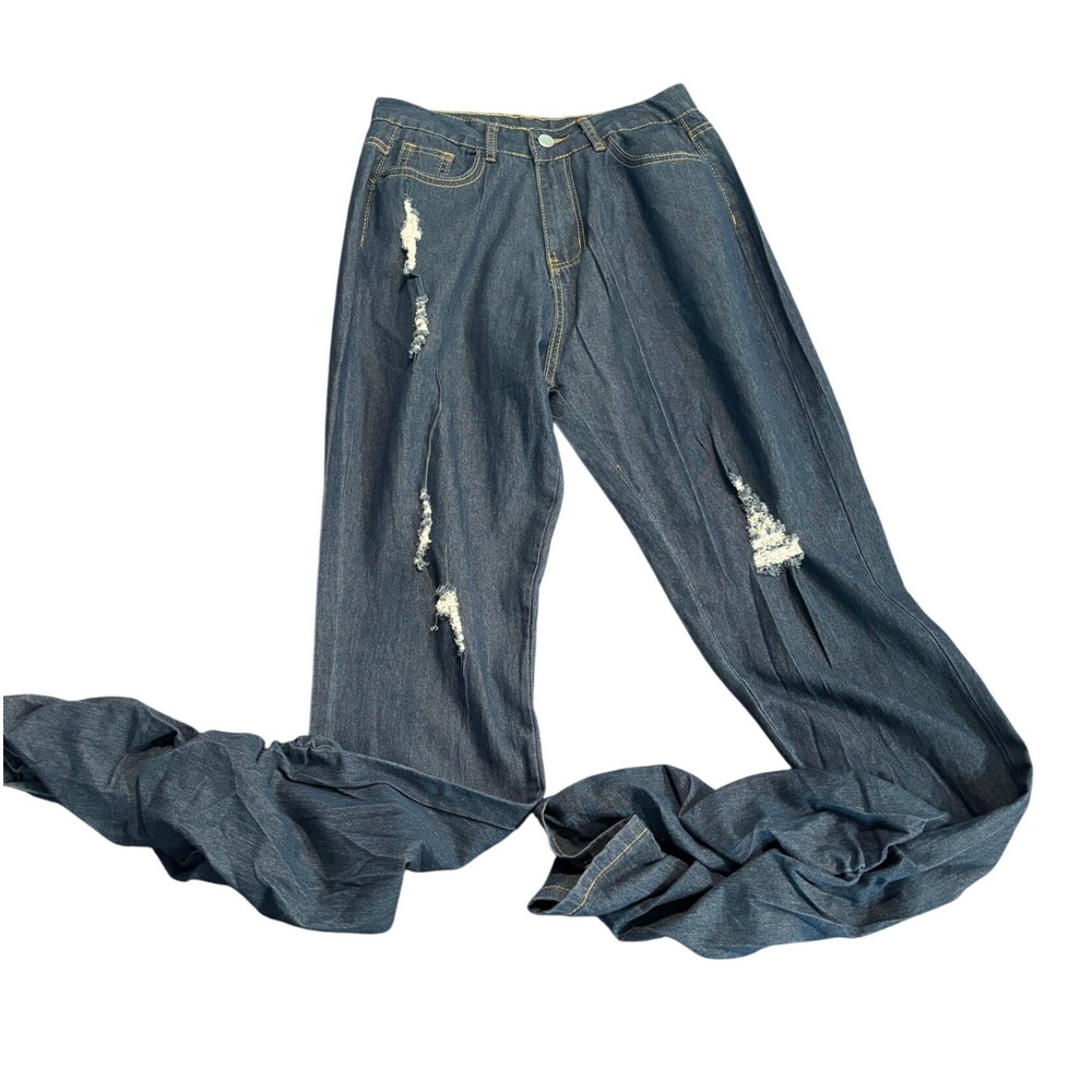 Women Dark Wash Distressed Stacked Jeans High Rise Ripped Denim Size M